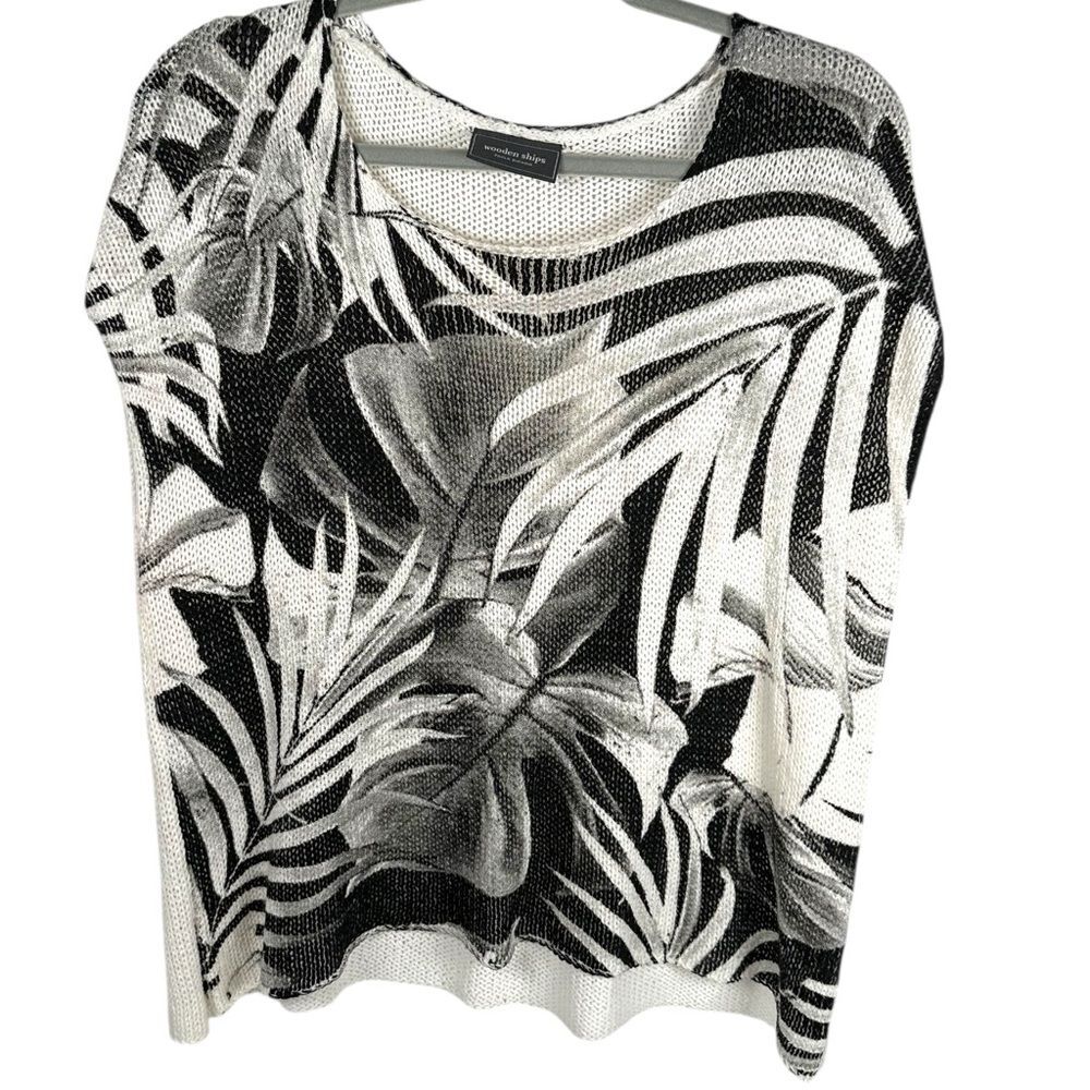 Wooden Ships White Black Tropical Leaf Floral Knit Coastal Beach Sweater Size XS